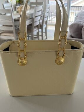 Vintage Gianni Versace Cream Embossed Leather Sunburst Medusa Top Handle Tote